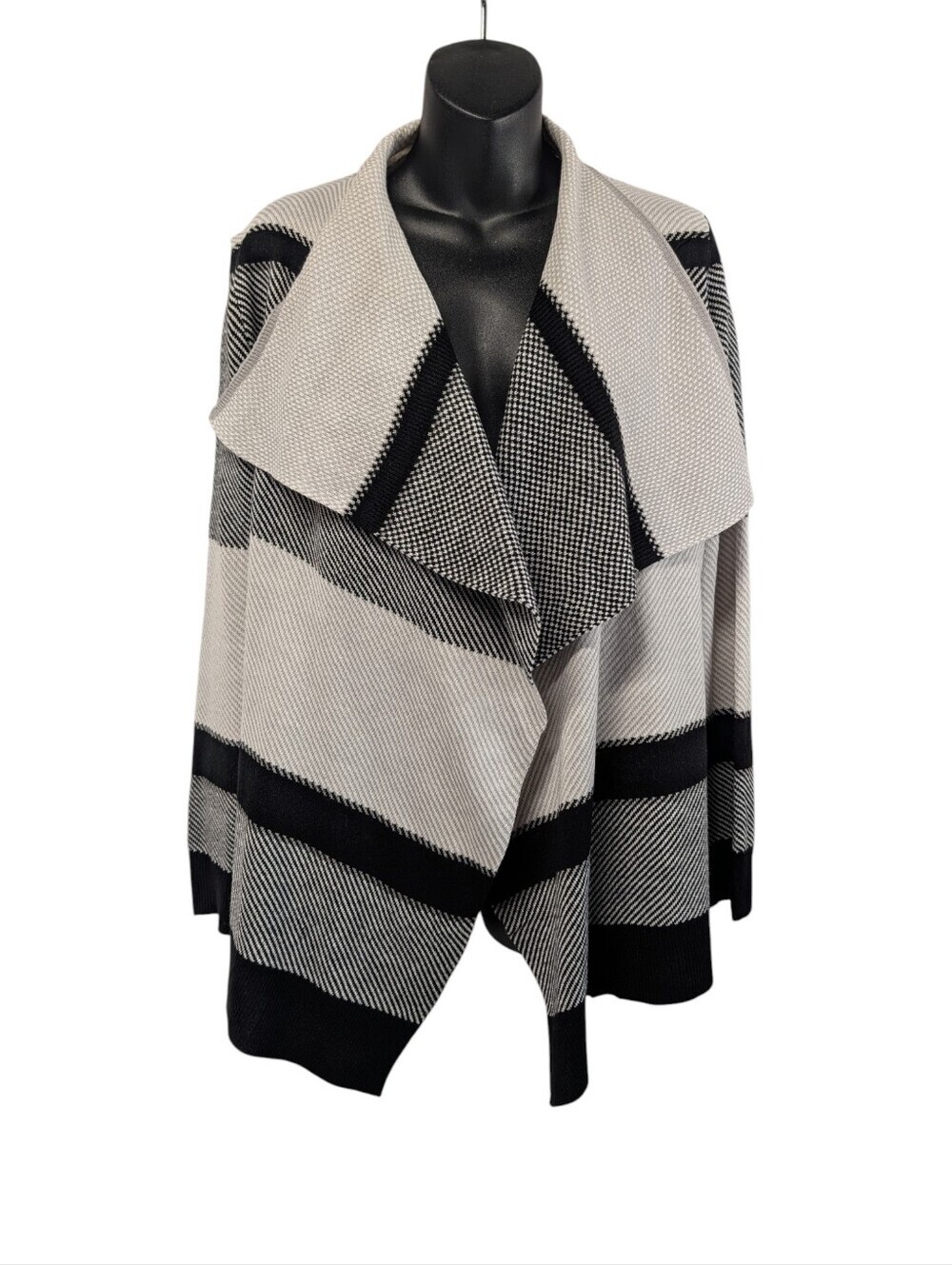 Cable & Gauge Black White Open Front Striped Shawl Collar Cardigan Sweater Sz M